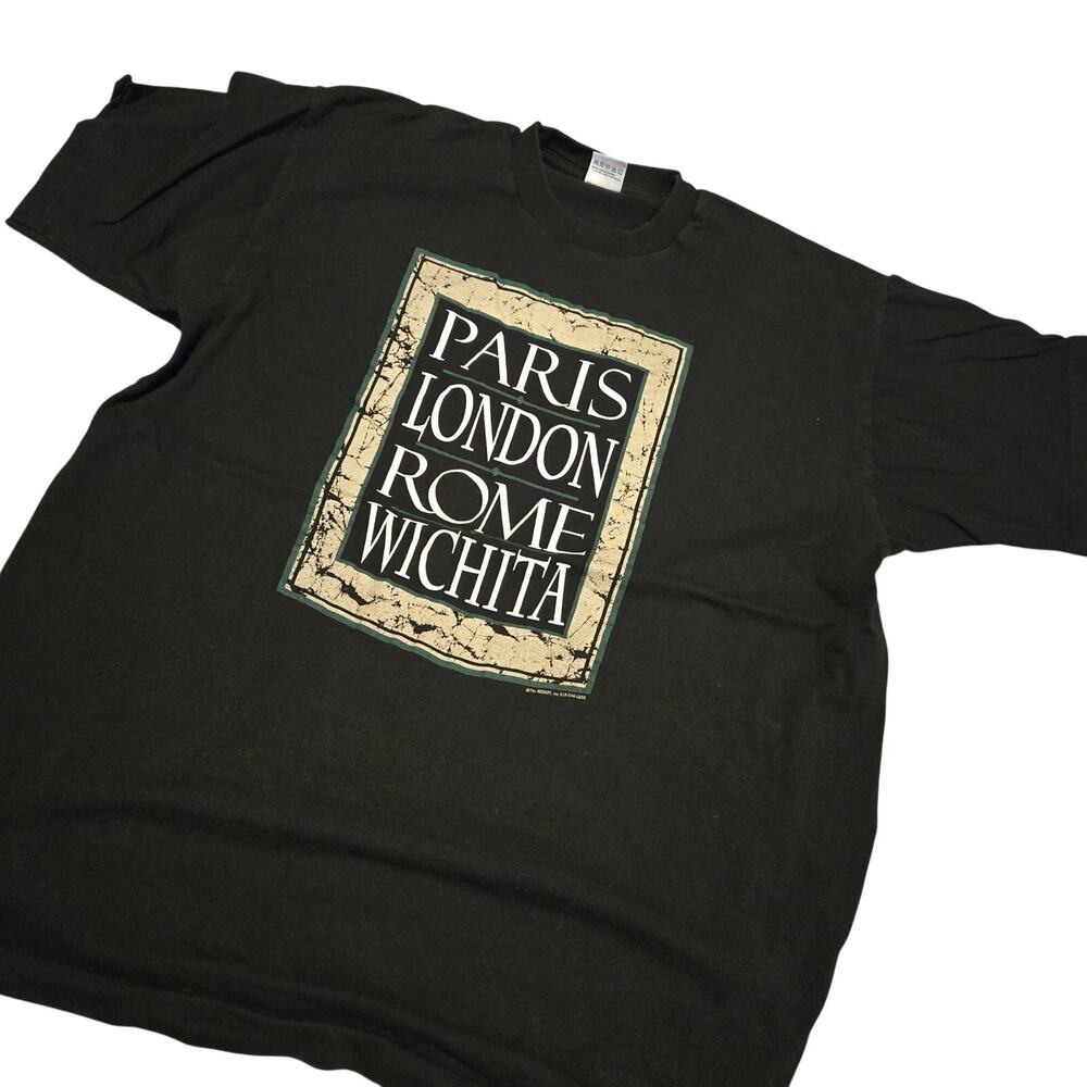vintage 90s graphic t-shirt "Paris London Rome Wichita" travel print size xl